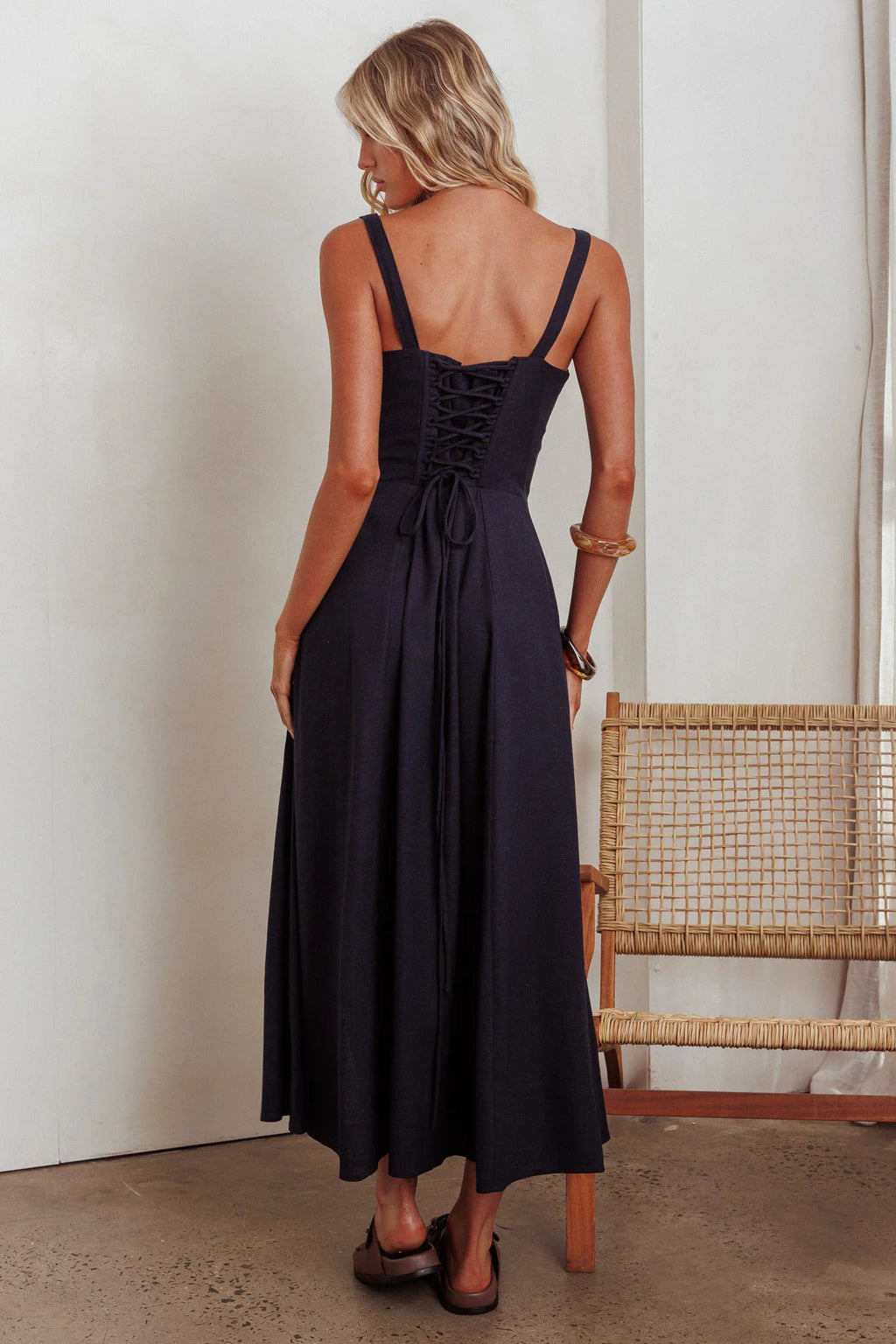 Zaira Tied Bust Lace-Up Maxi Dress Navy