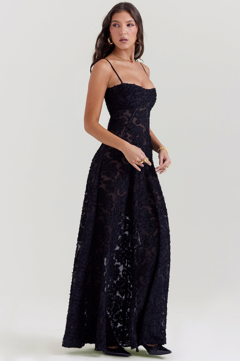 black floral lace back maxi dress