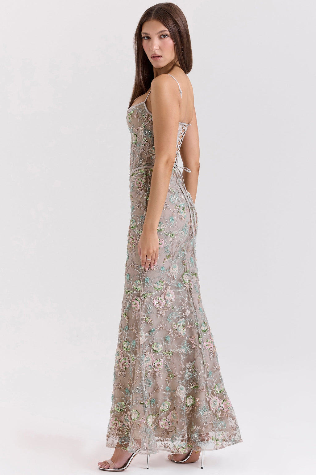 silver embellished beaded corset maxi dress