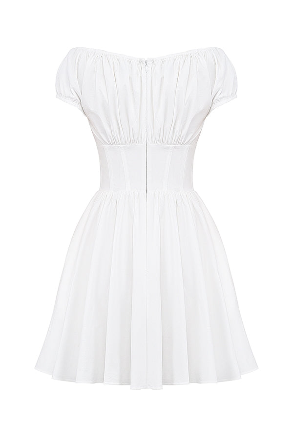 white cotton gathered mini dress