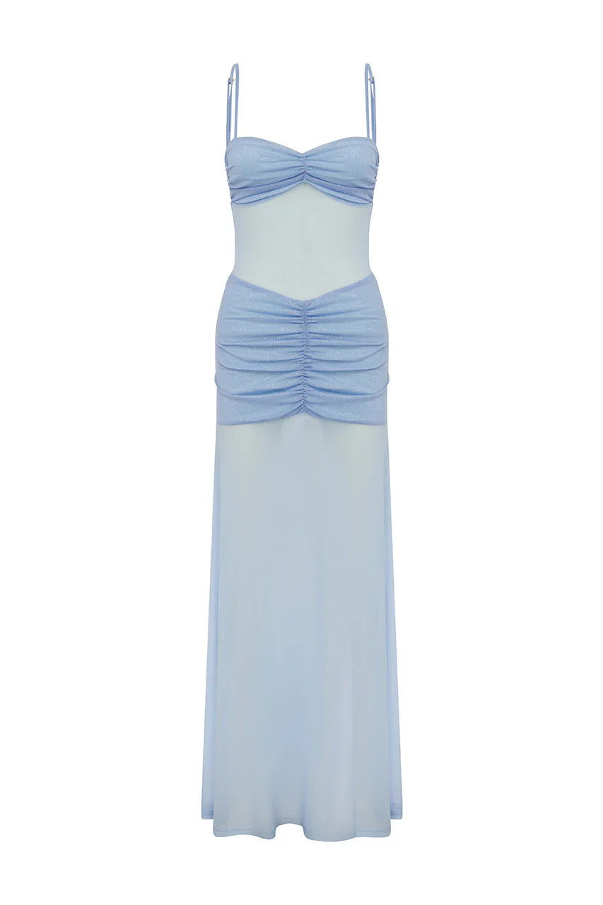 CASSIE GLITTER MESH MAXI DRESS - BLUEBELL