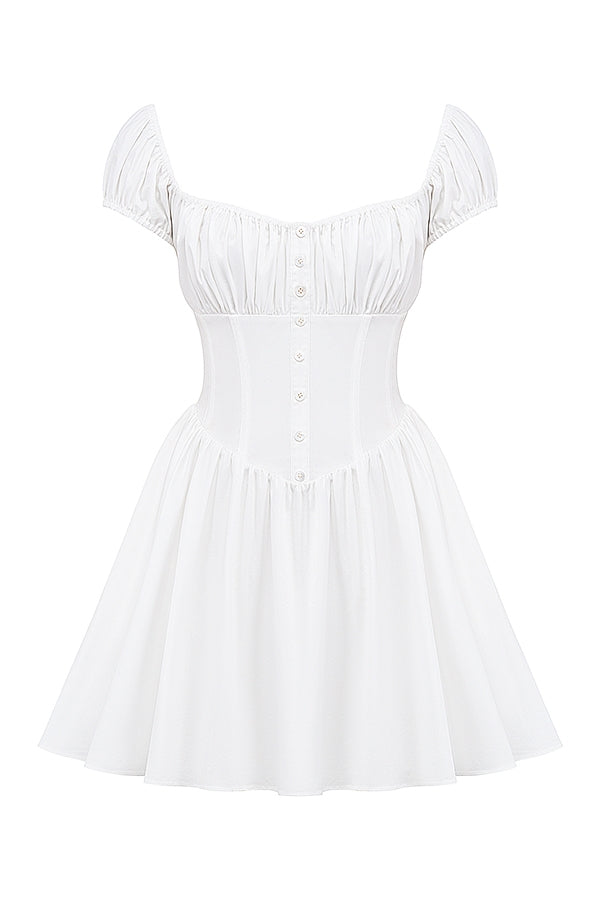 white cotton gathered mini dress