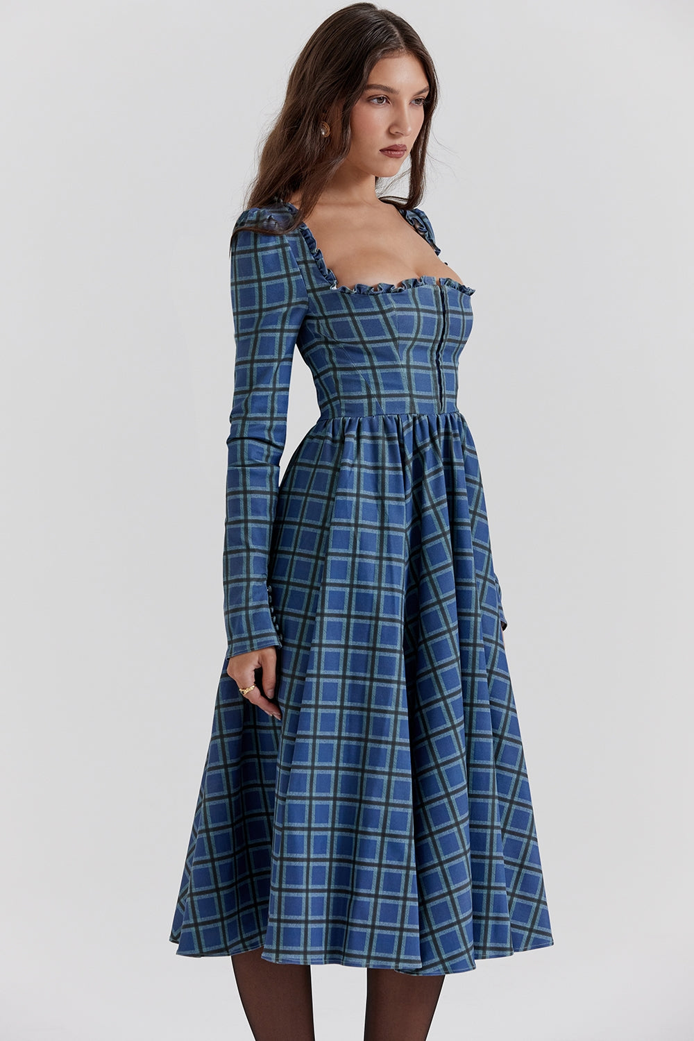 blue tartan midi dress