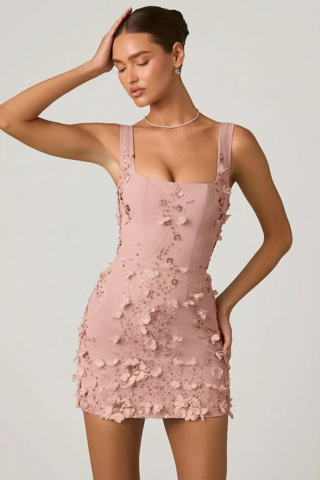Embellished Appliqué Corset Mini Dress in Dusty Rose