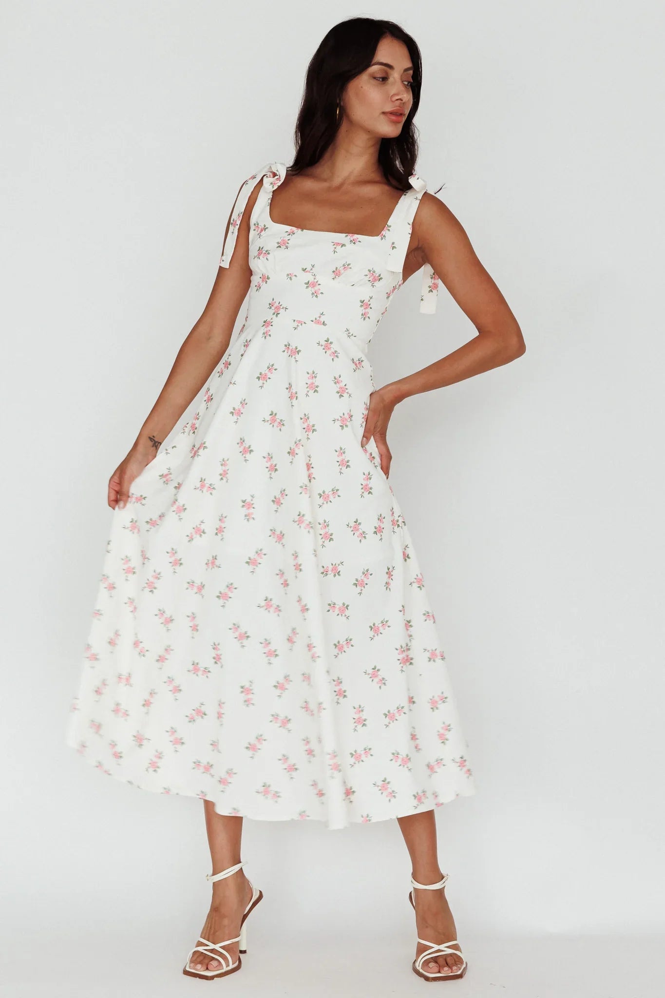 Mathilda Tied Shoulder Midi Dress Pink Floral