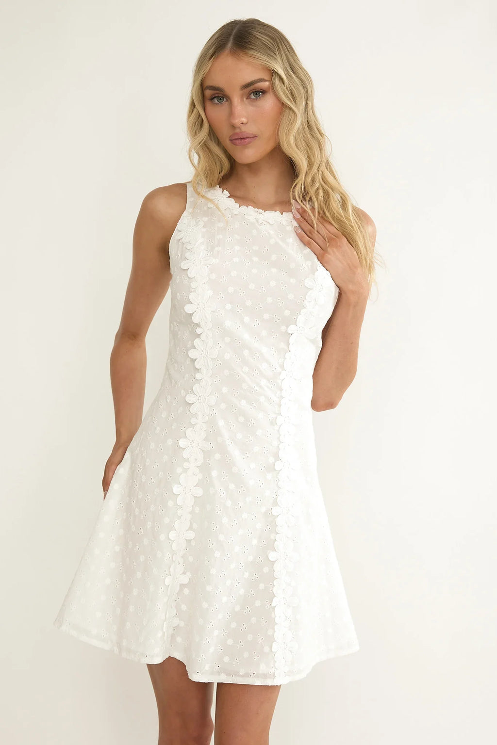 Jessamine Floral Applique Eyelet Mini Dress Off White