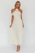 Cordially Invited Ruffle Neckline Rosette Maxi Vanilla