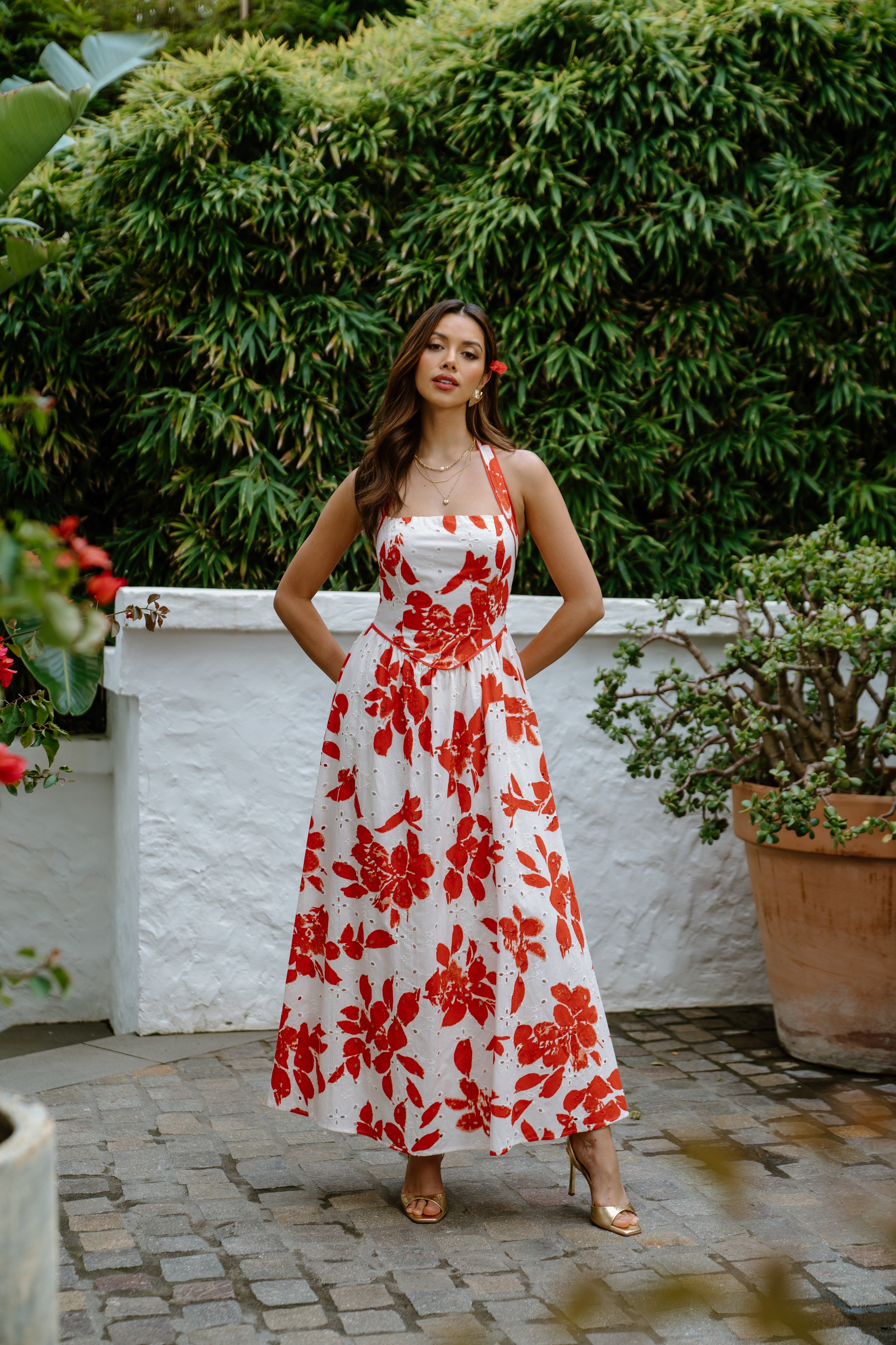 Cassie Red Floral Halter Neck Maxi Dress