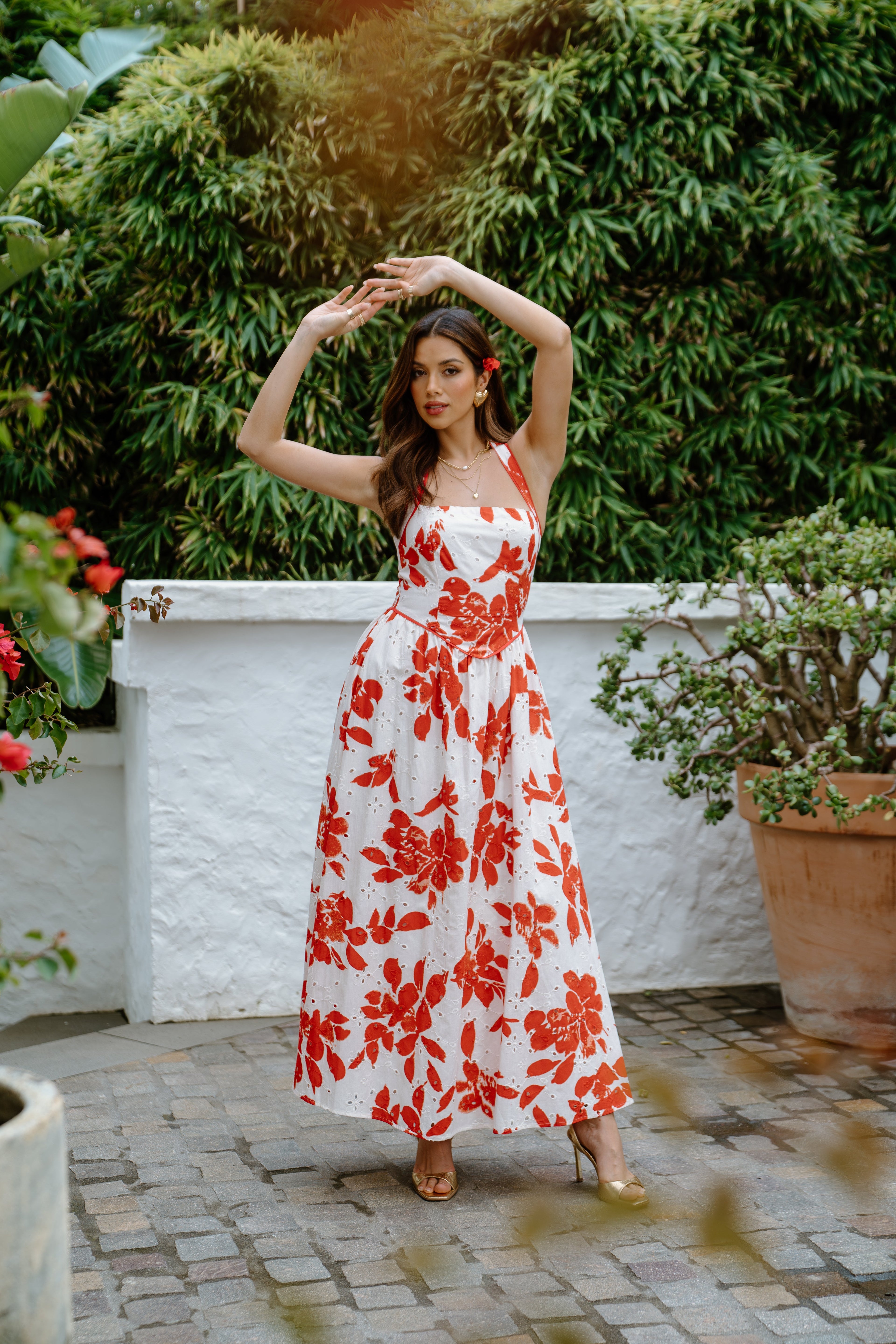 Cassie Red Floral Halter Neck Maxi Dress