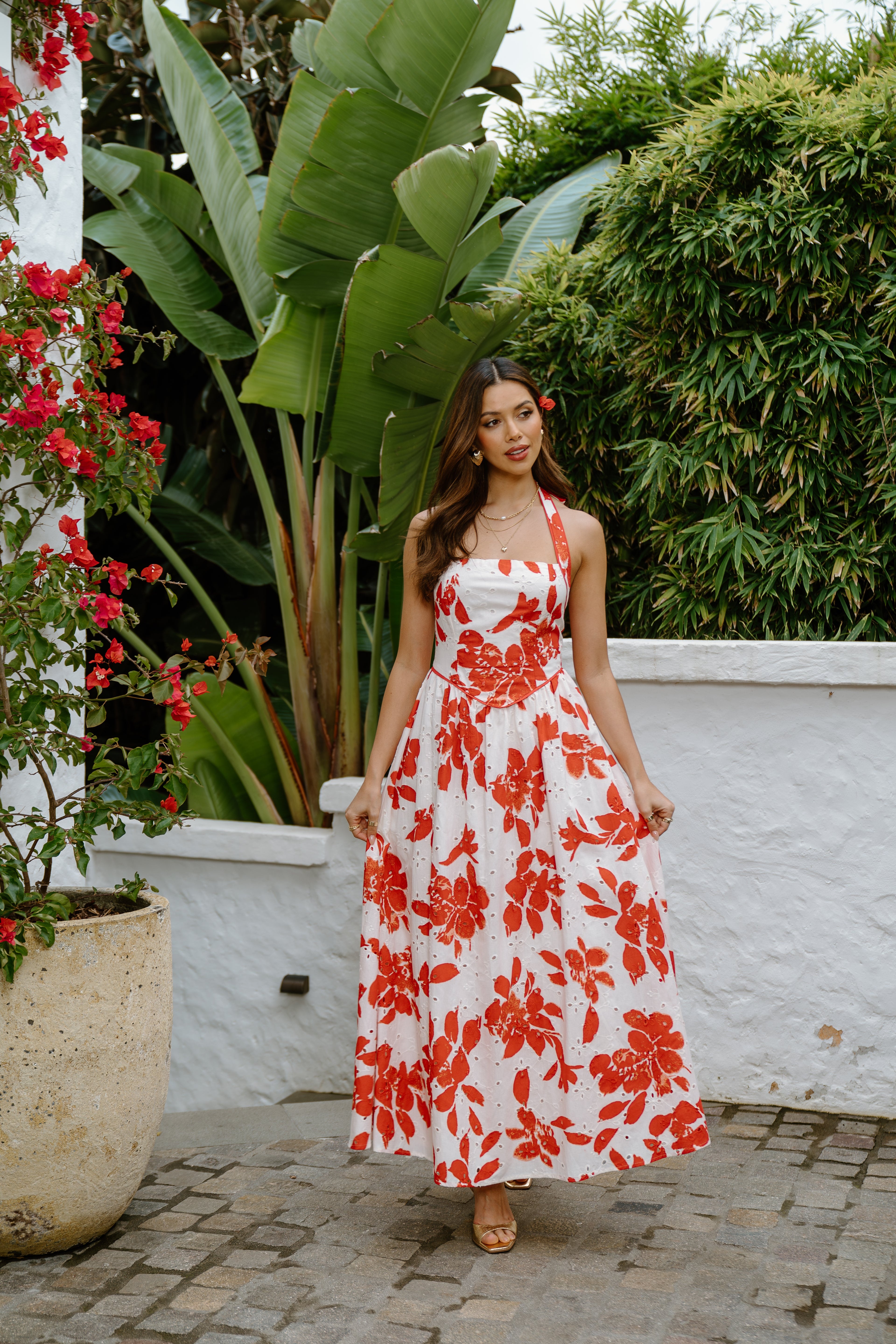 Cassie Red Floral Halter Neck Maxi Dress