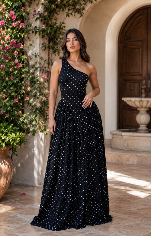 Monaco Muse One-Shoulder Polka Dot Maxi Dress – Black/White