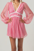 Samantha Pink Long Sleeve Mini Dress with Ric Rac Trim