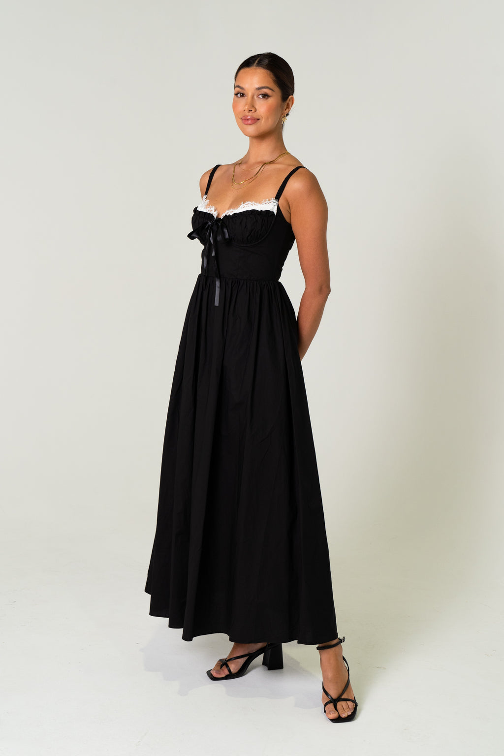 Lena Black Maxi Dress with  Contrast Lace Details
