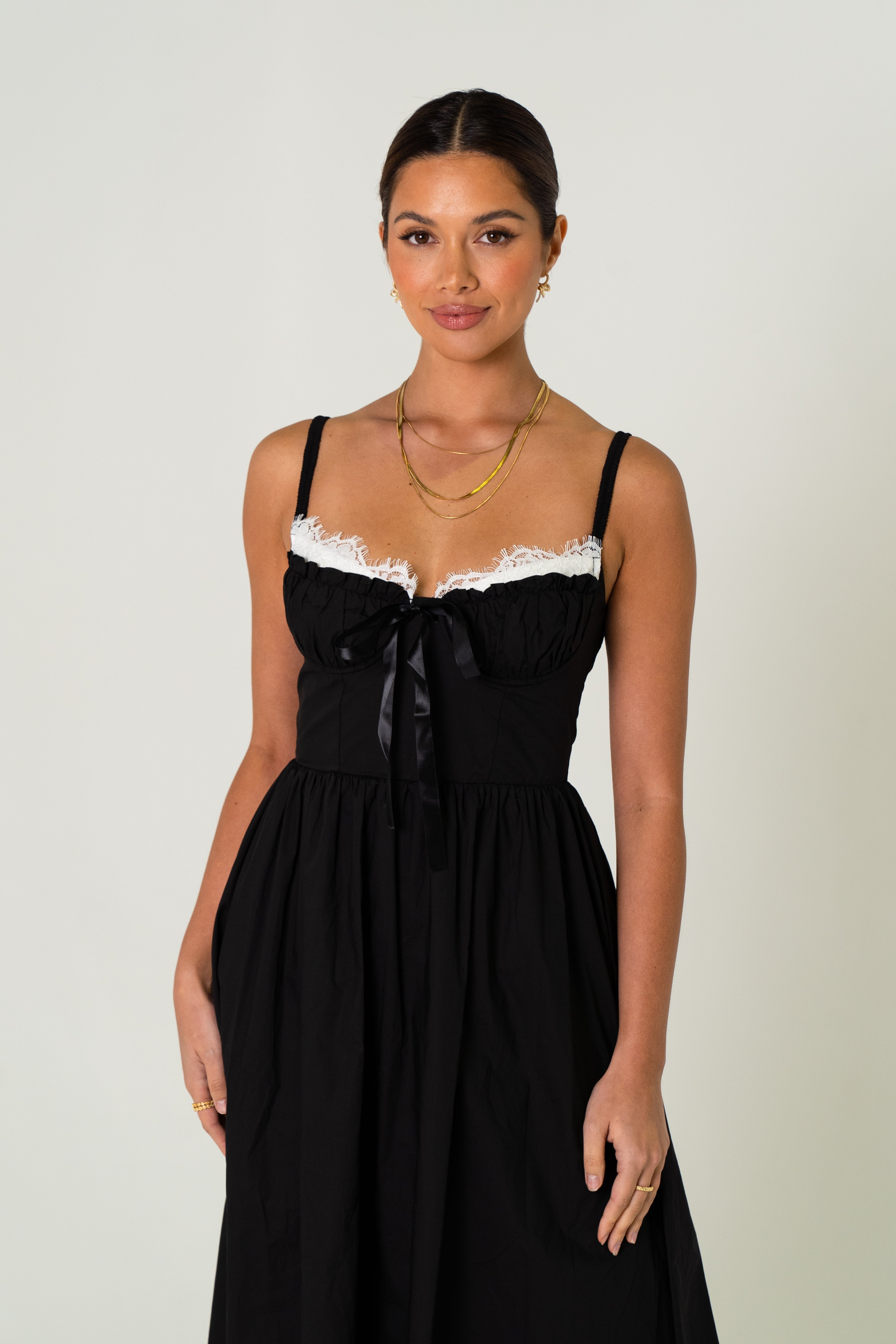 Lena Black Maxi Dress with  Contrast Lace Details
