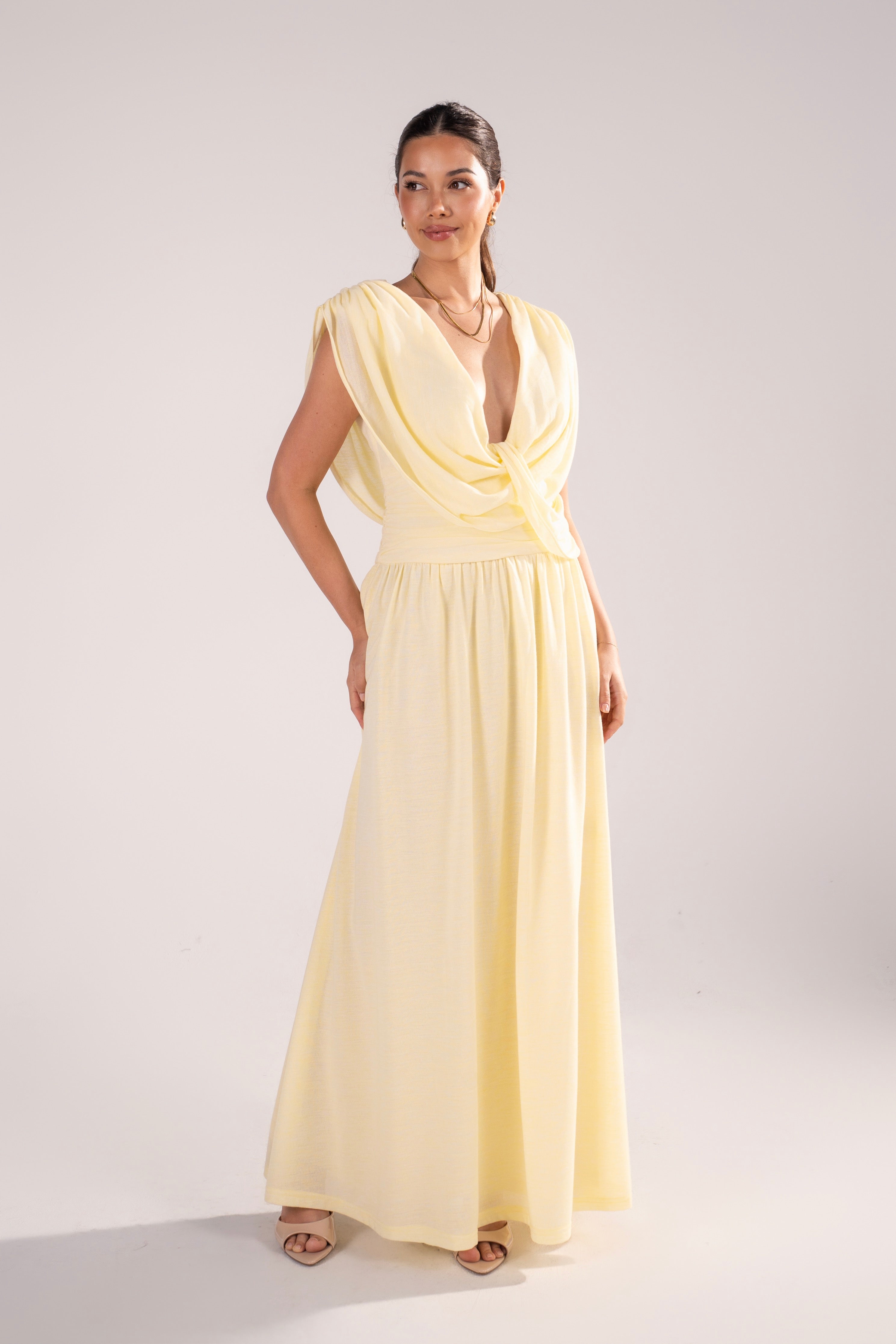 Giovanna Pale Yellow Maxi Dress with Cowl Draping