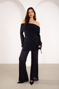 Halston Navy Off-Shoulder Long Sleeve Tunic & High Waisted Pants Set