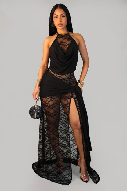 Lace Illusion Draped Halter Gown Maxi Dress - Black