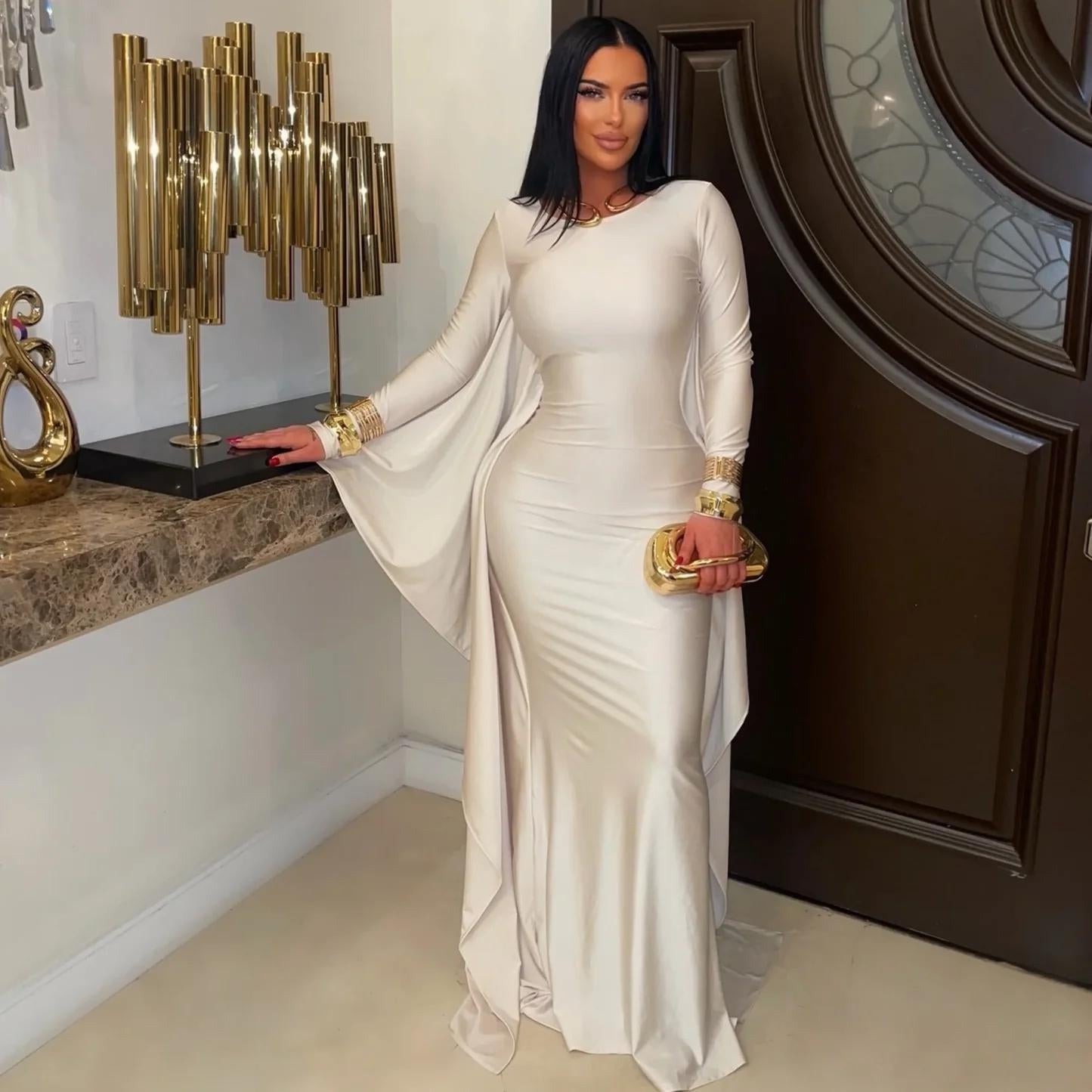 Sculpted Elegance Cape Sleeve Maxi Dress - Cream