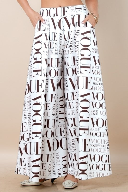 Vogue Print White Palazzo Pants (With Brown Letters)