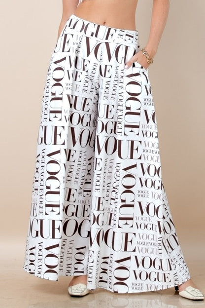 Vogue Print White Palazzo Pants (With Brown Letters)