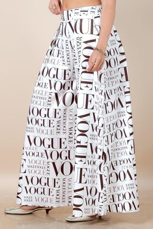 Vogue Print White Palazzo Pants (With Brown Letters)