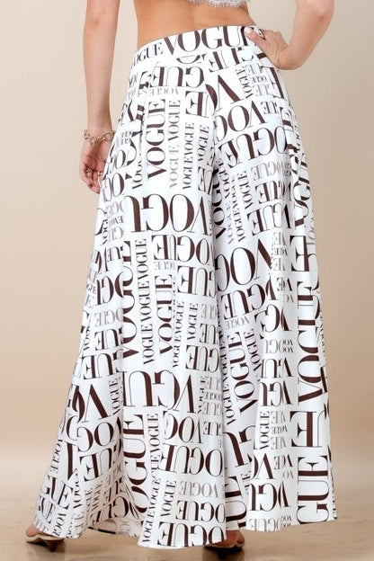 Vogue Print White Palazzo Pants (With Brown Letters)