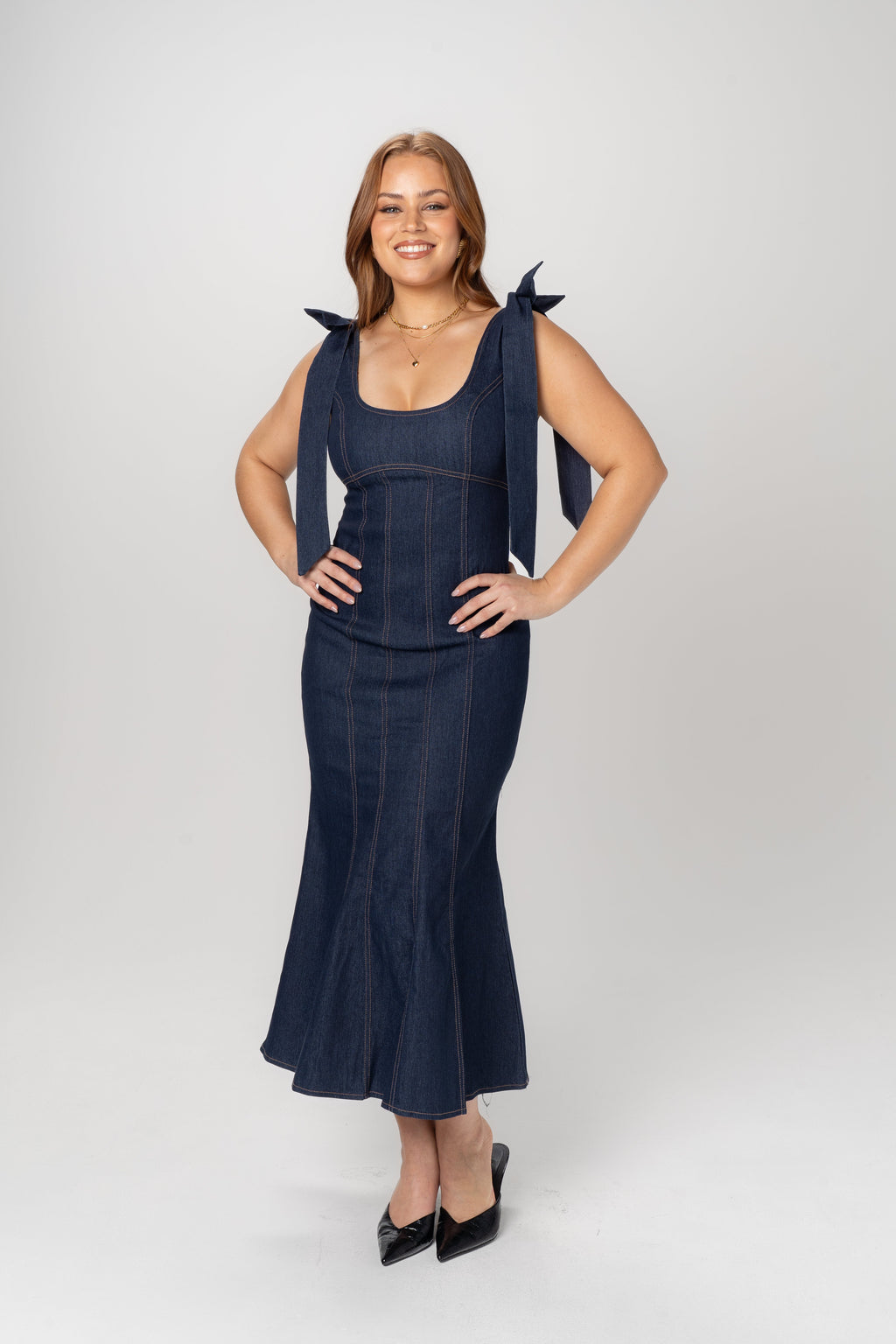 Betty Denim Bow Strap Maxi Dress