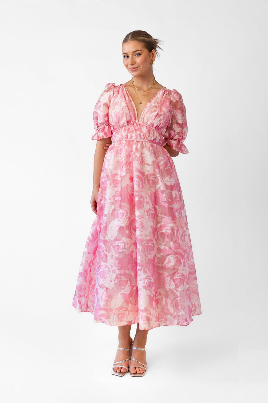 Sammy Pink V-Neck Midi with Puff Sleeves