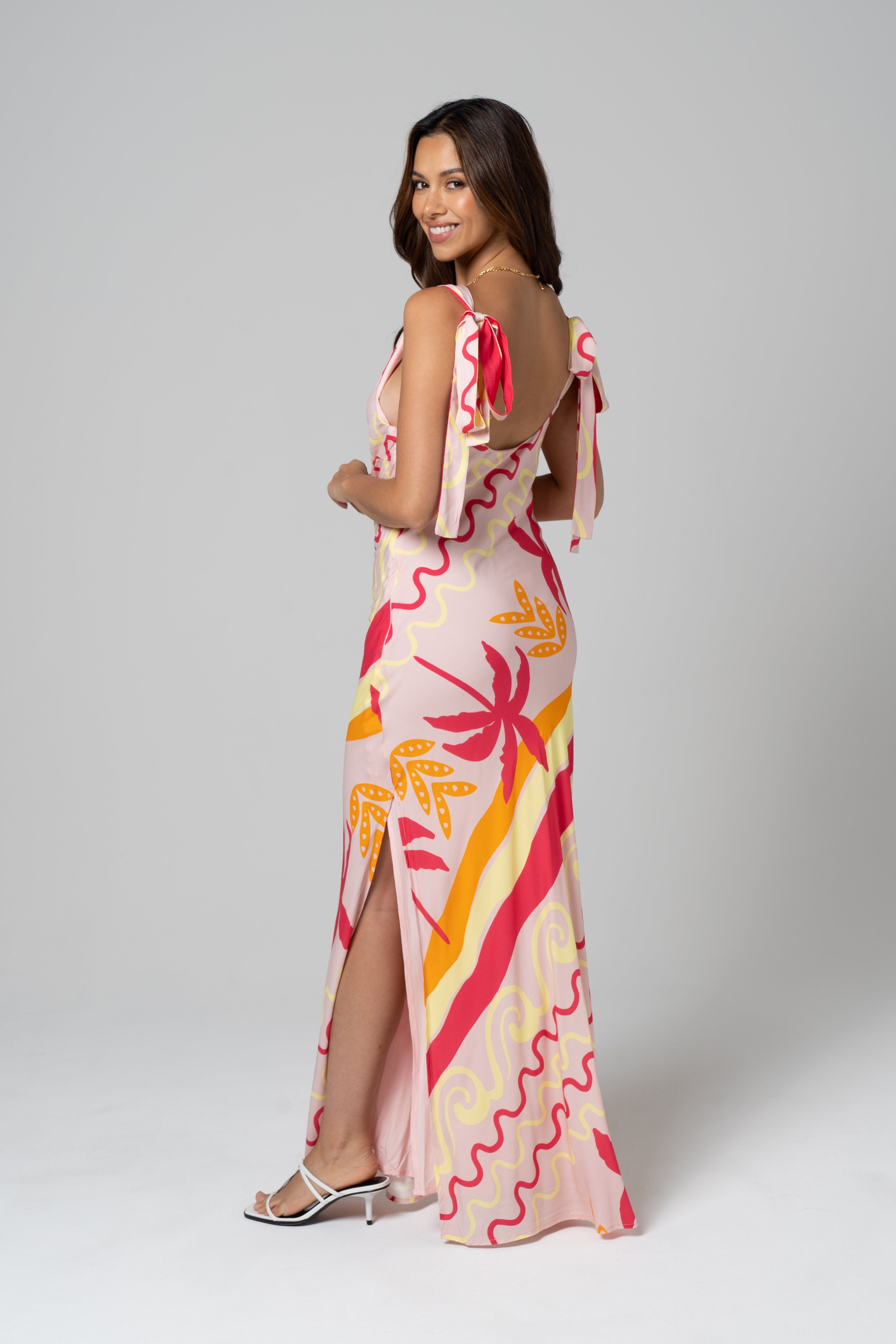 Soleil Pink Tropical Print Maxi Dress with Tie Staps