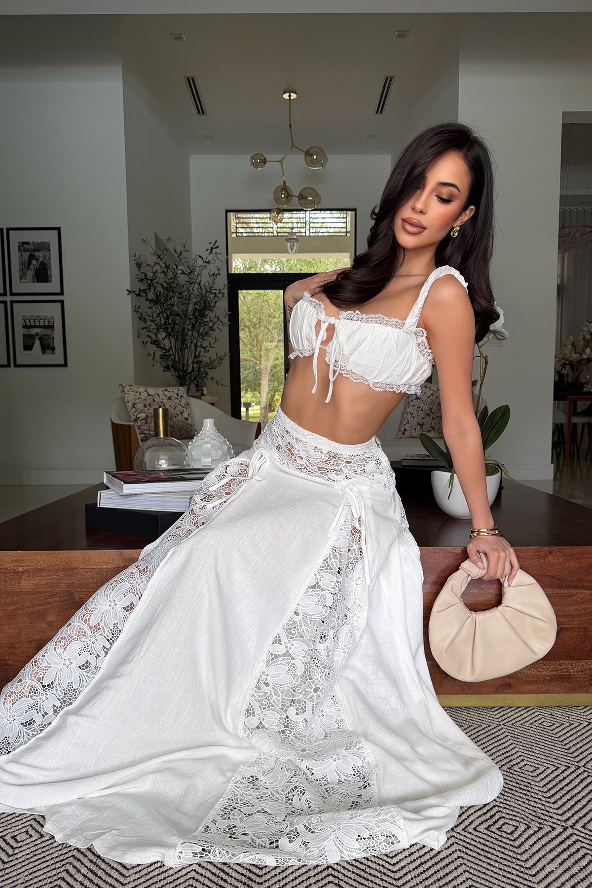 White Lace Maxi Skirt Set – Elegant Two-Piece Outfit with Crop Top