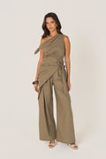 Yvanna Khaki Drop Shoulder Top & Wrap Pants Set
