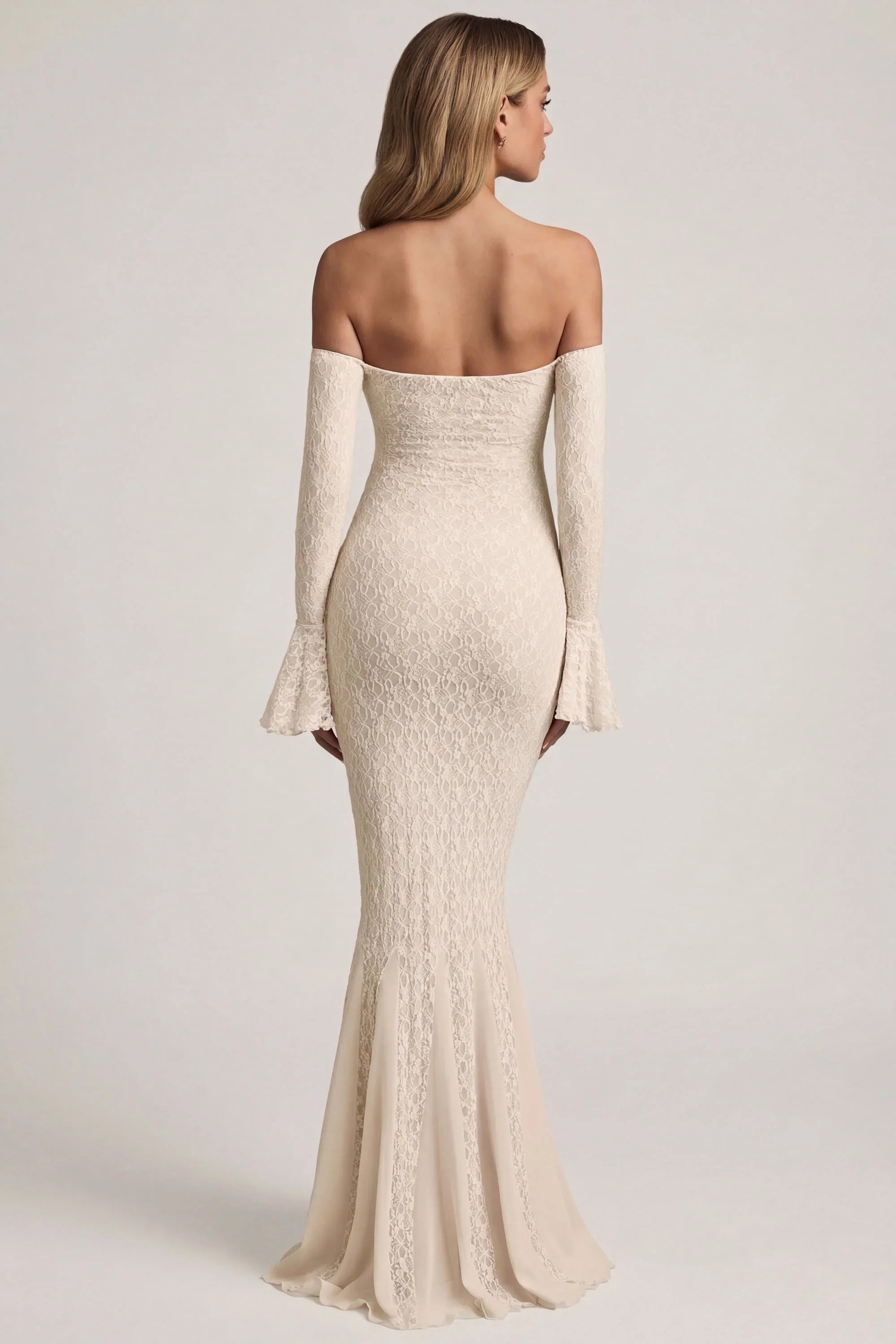 Off-Shoulder Ruffle Lace Maxi Dress in Ivory