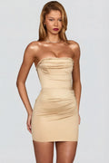 Satin Scalloped-Bandeau Ruched Mini Dress in Champagne