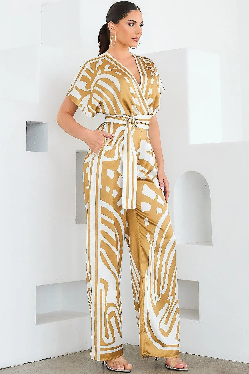 Abstract Glamour Satin Jumpsuit Camel