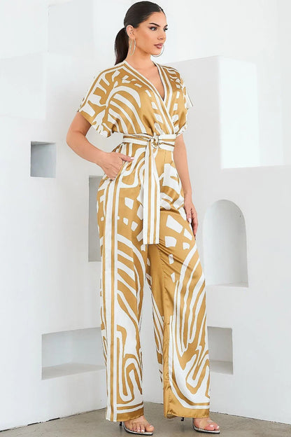Abstract Glamour Satin Jumpsuit Camel