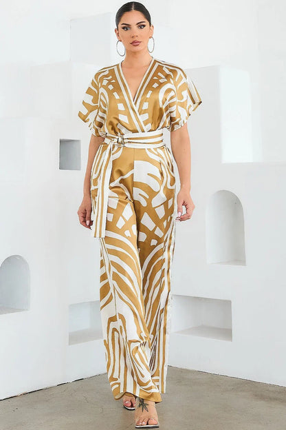 Abstract Glamour Satin Jumpsuit Camel