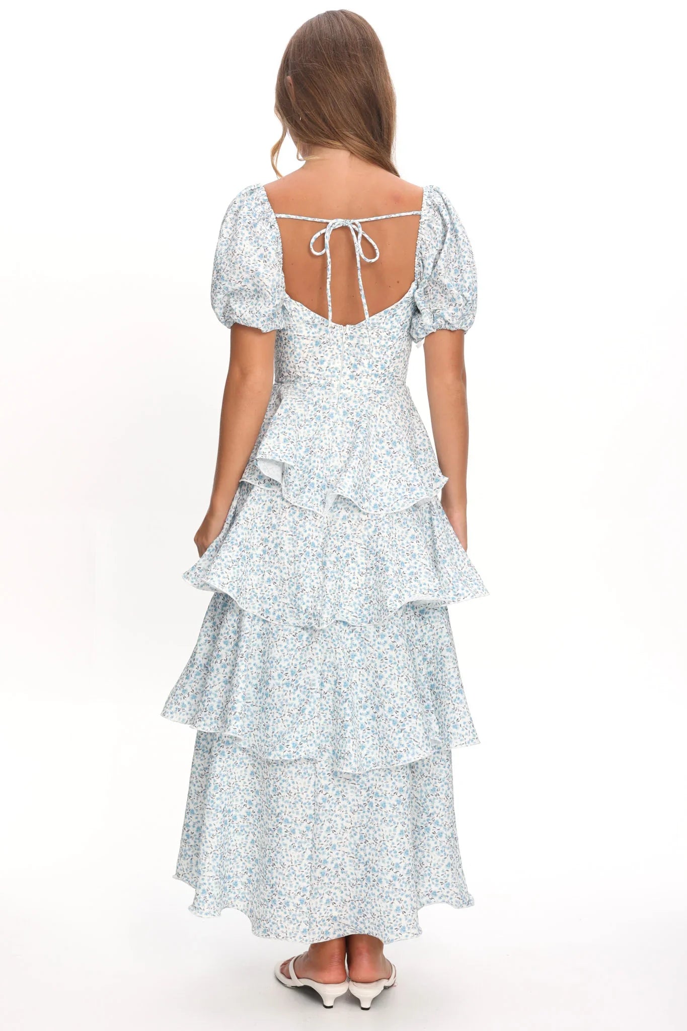 Giavana Puff Sleeve Layered Maxi Dress Floral Blue