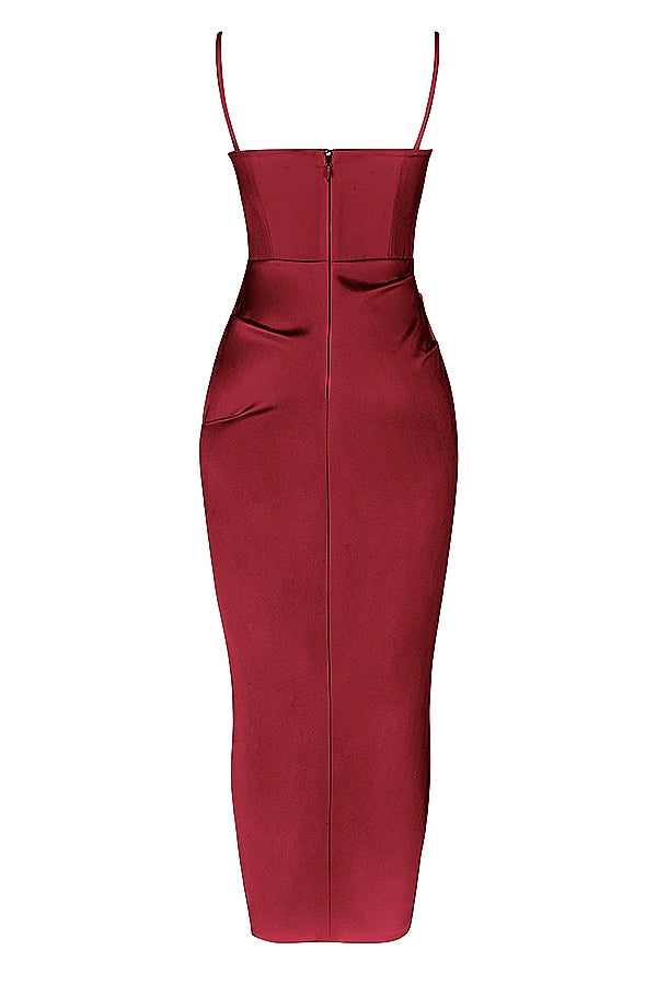 wine satin pleated corset midi dress