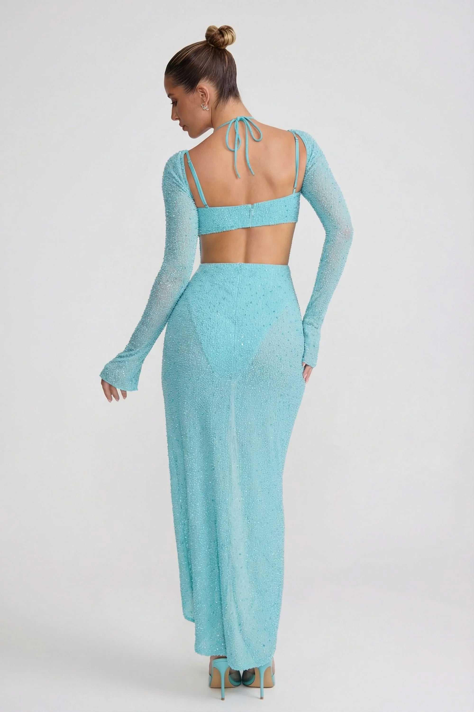 Embellished Cowl Neck Maxi Dress in Aqua