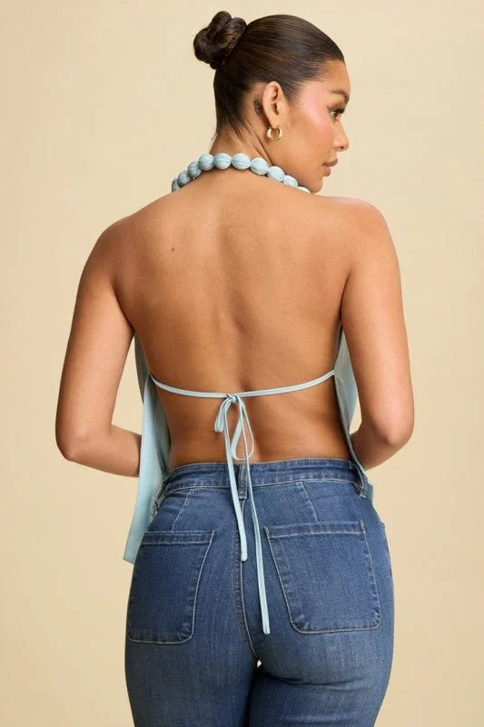 Beaded Cowl Neck Halter Top - Lt Blue