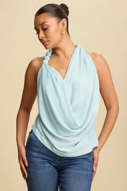 Beaded Cowl Neck Halter Top - Lt Blue
