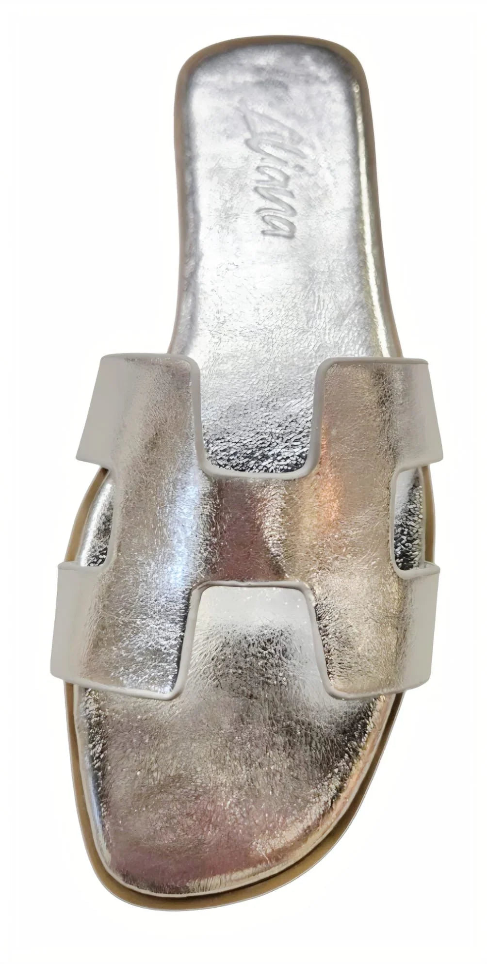 Moonlight Chic Silver Slide Sandals with Metallic H Cut-Out Design