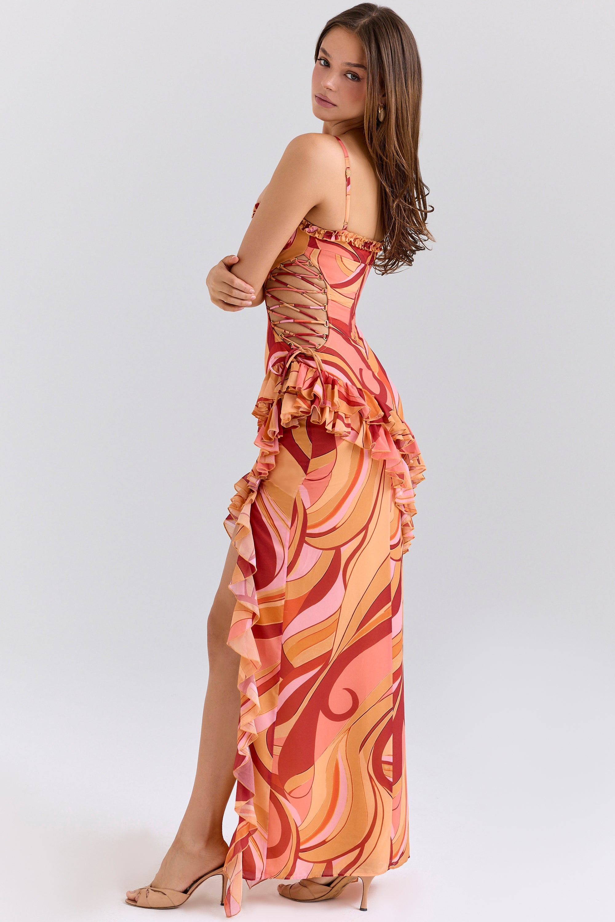 sunset swirl print ruffle cut out maxi dress