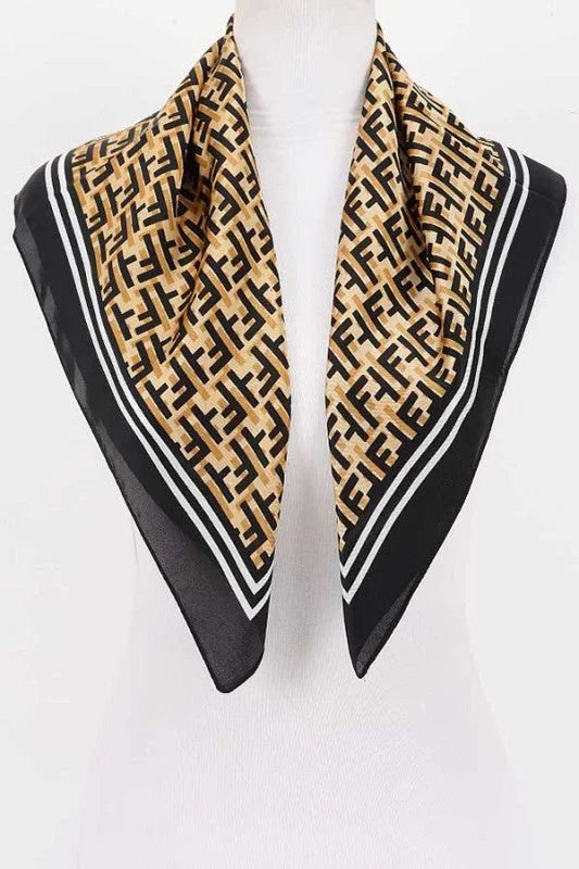 Luxe Monogram Bandana – Black Silk Feel Geometric Scarf