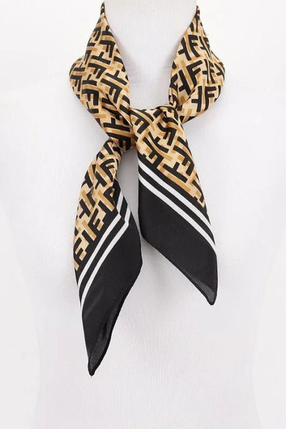 Luxe Monogram Bandana – Black Silk Feel Geometric Scarf