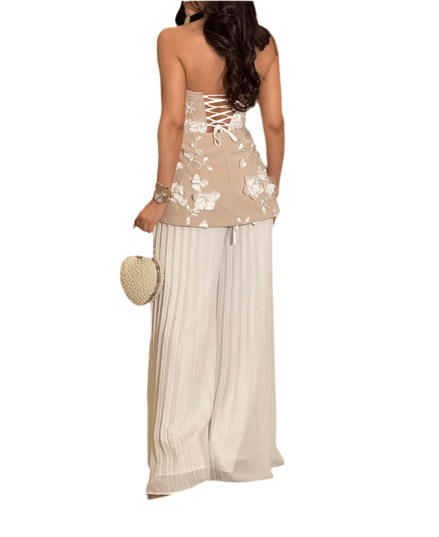 Blooming Grace 3D Floral Pant Set - WhiteNude