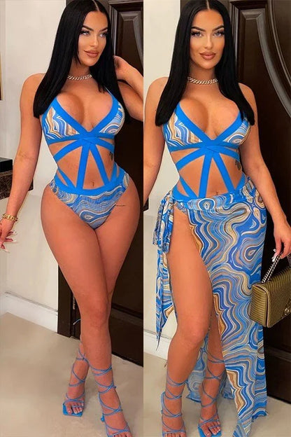 2 PCs  Wave Strappy Swimsuit and Sarong Set - Royal Blue