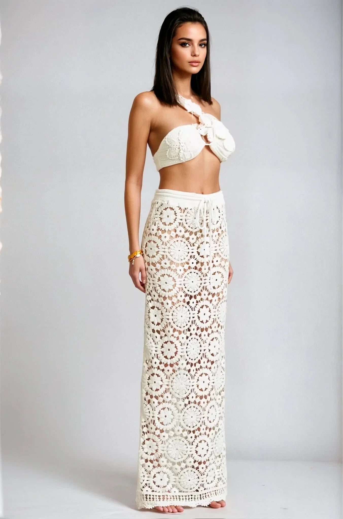 Boho Bloom Crochet Skirt Set - White