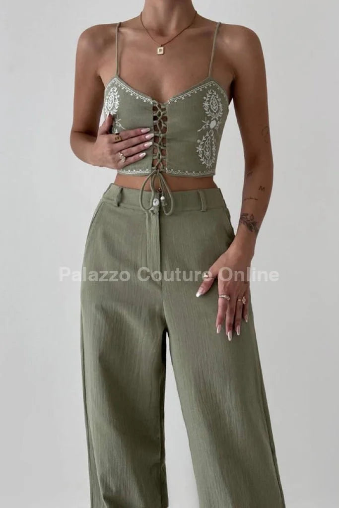 Boho Bloom Embroidered Pant Set- Olive
