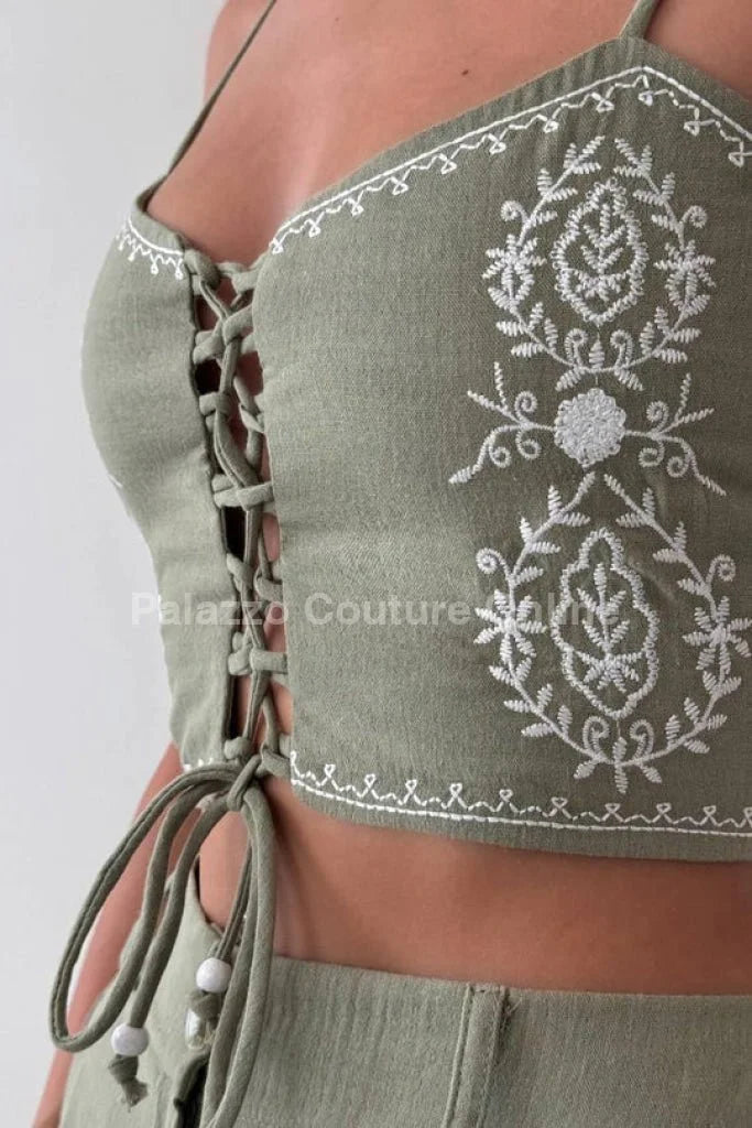 Boho Bloom Embroidered Pant Set- Olive